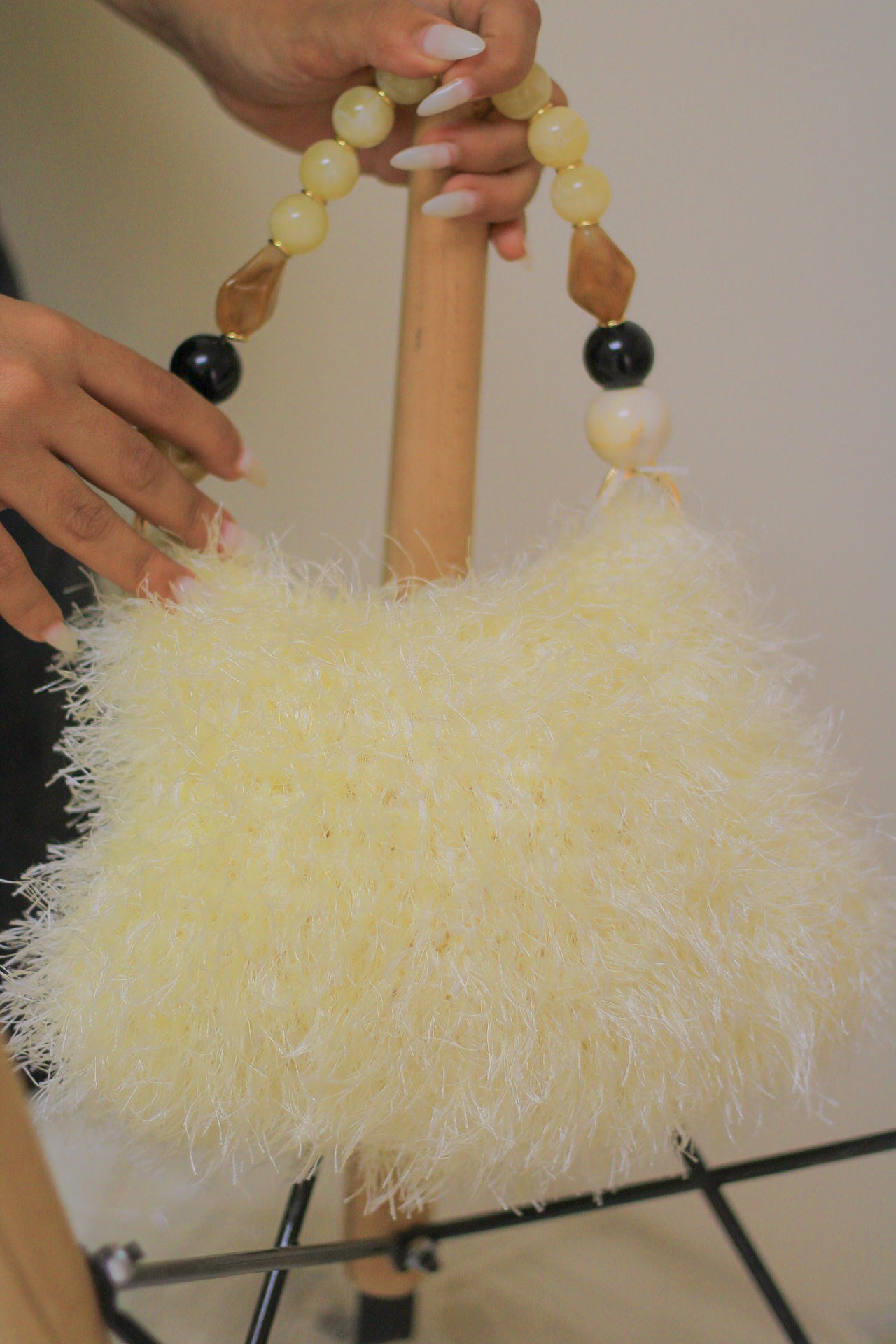 white Fur with pearls hand bag