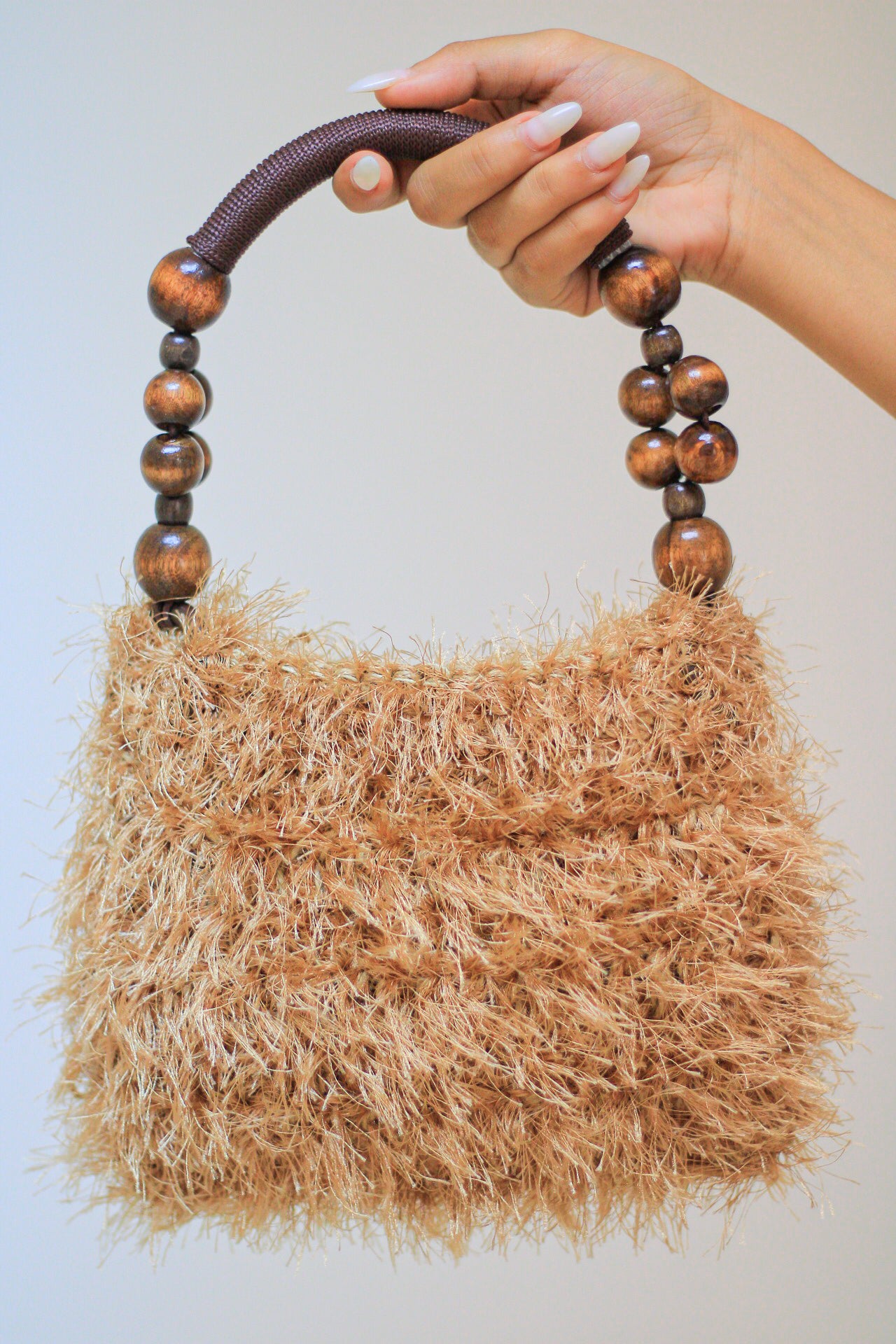 beige Fur with wood hand bag