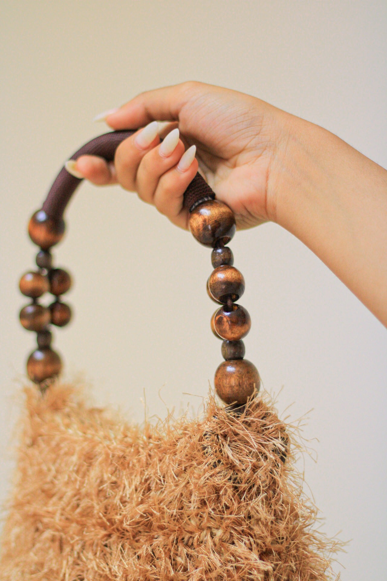 beige Fur with wood hand bag