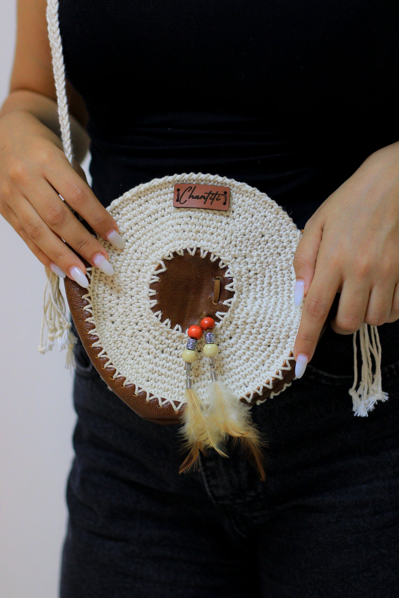 circle crochet Bag with leather touch