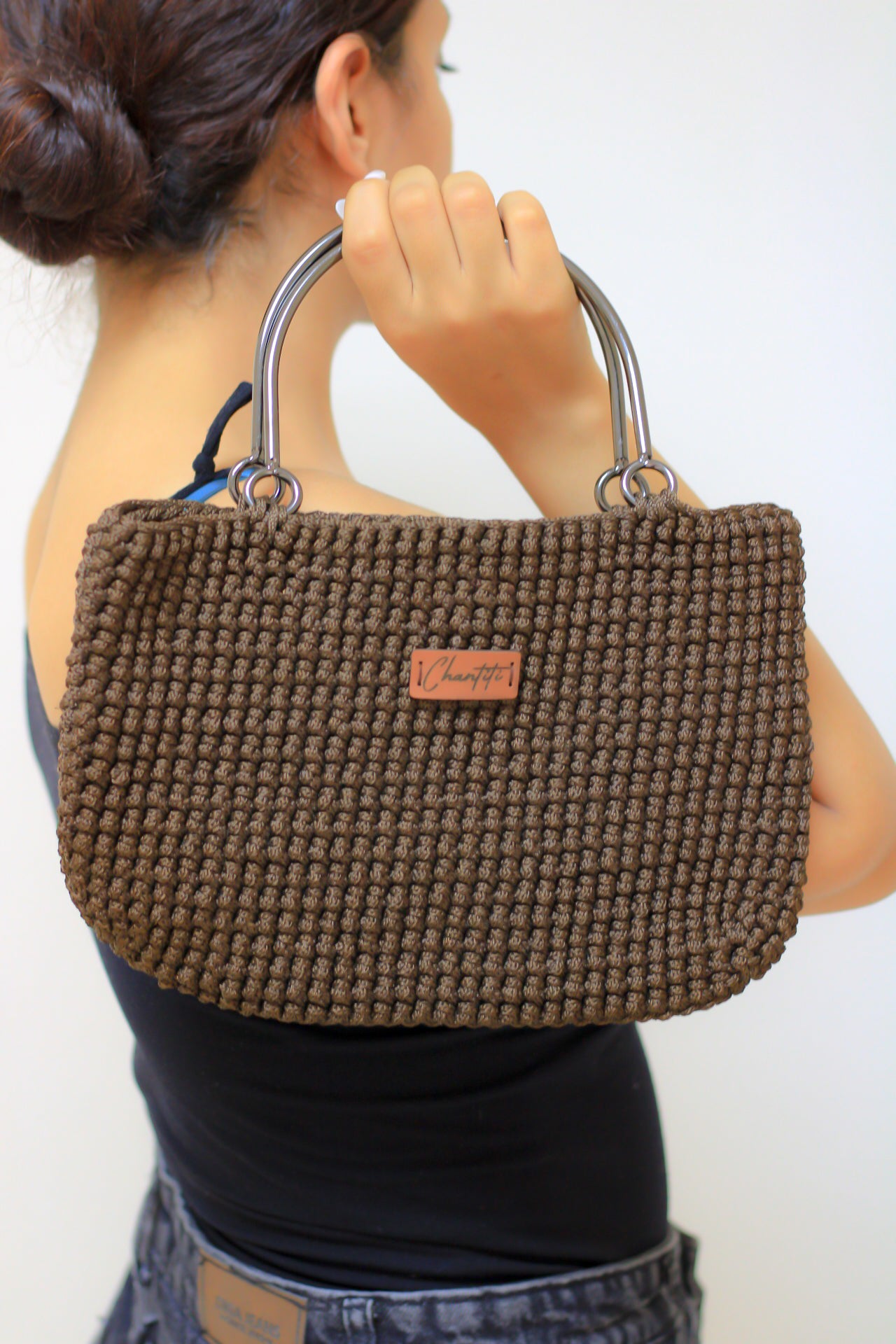 Brown Crochet with Metal hand bag