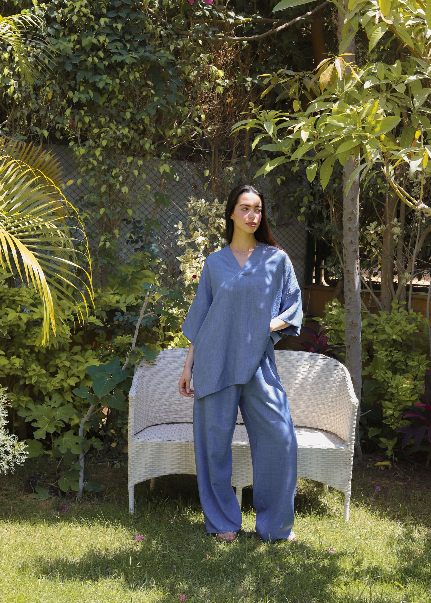 Sky Blue V-Neck Mid Sleevs Linen Set