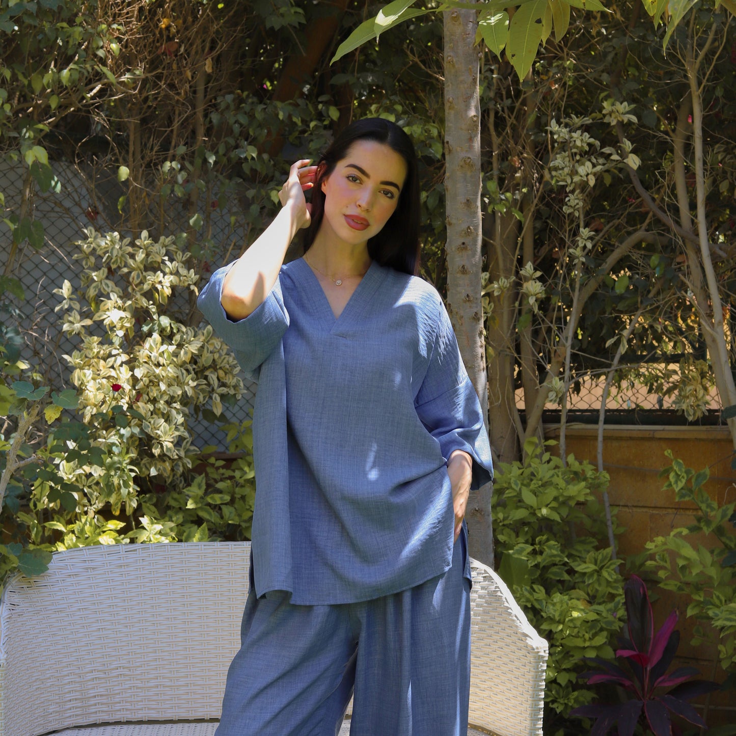 Sky Blue V-Neck Mid Sleevs Linen Set