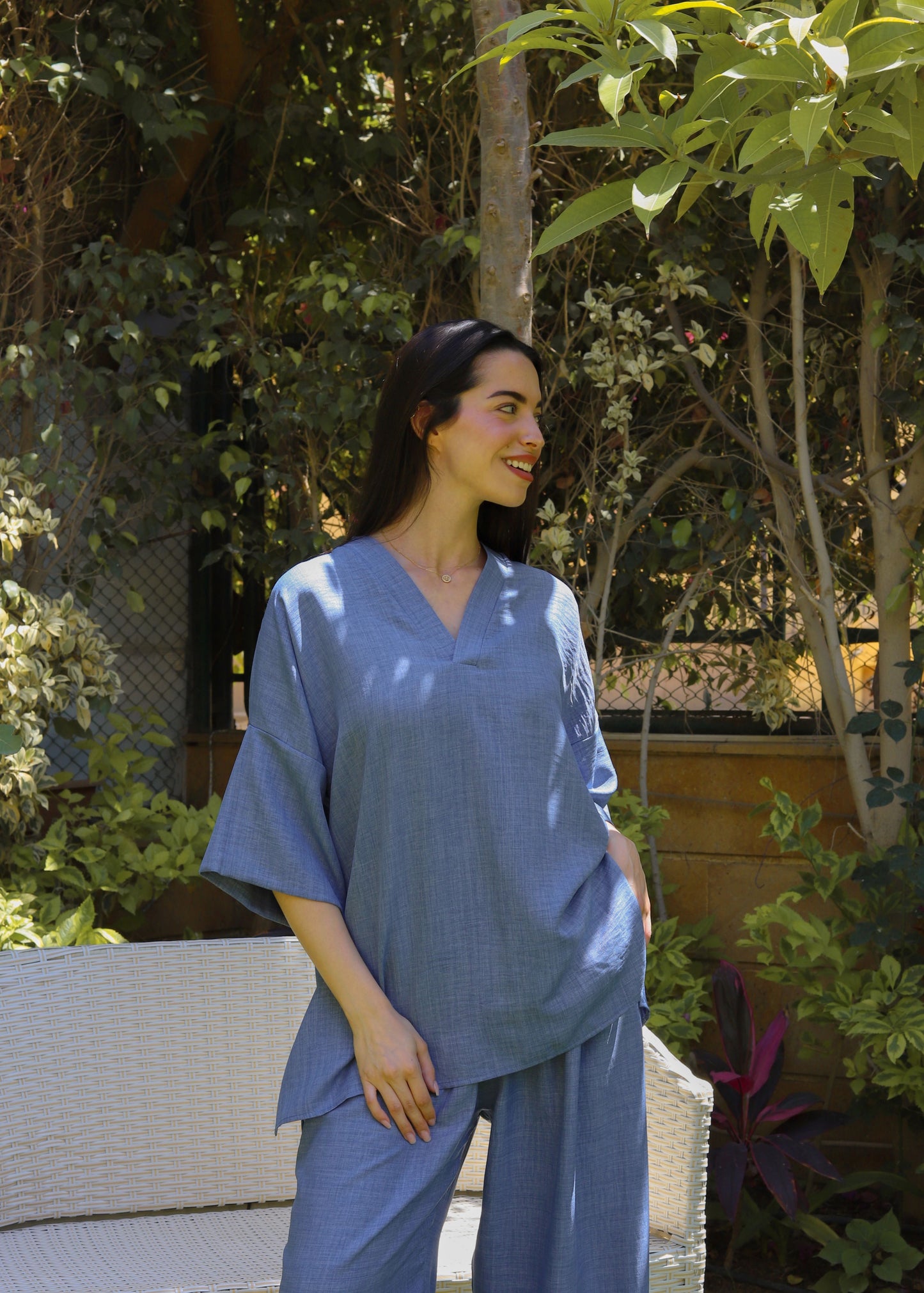 Sky Blue V-Neck Mid Sleevs Linen Set