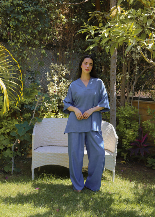 Sky Blue V-Neck Mid Sleevs Linen Set