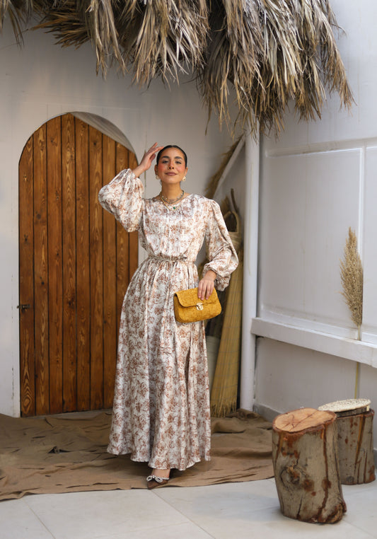 Brown Floral Satin Dress