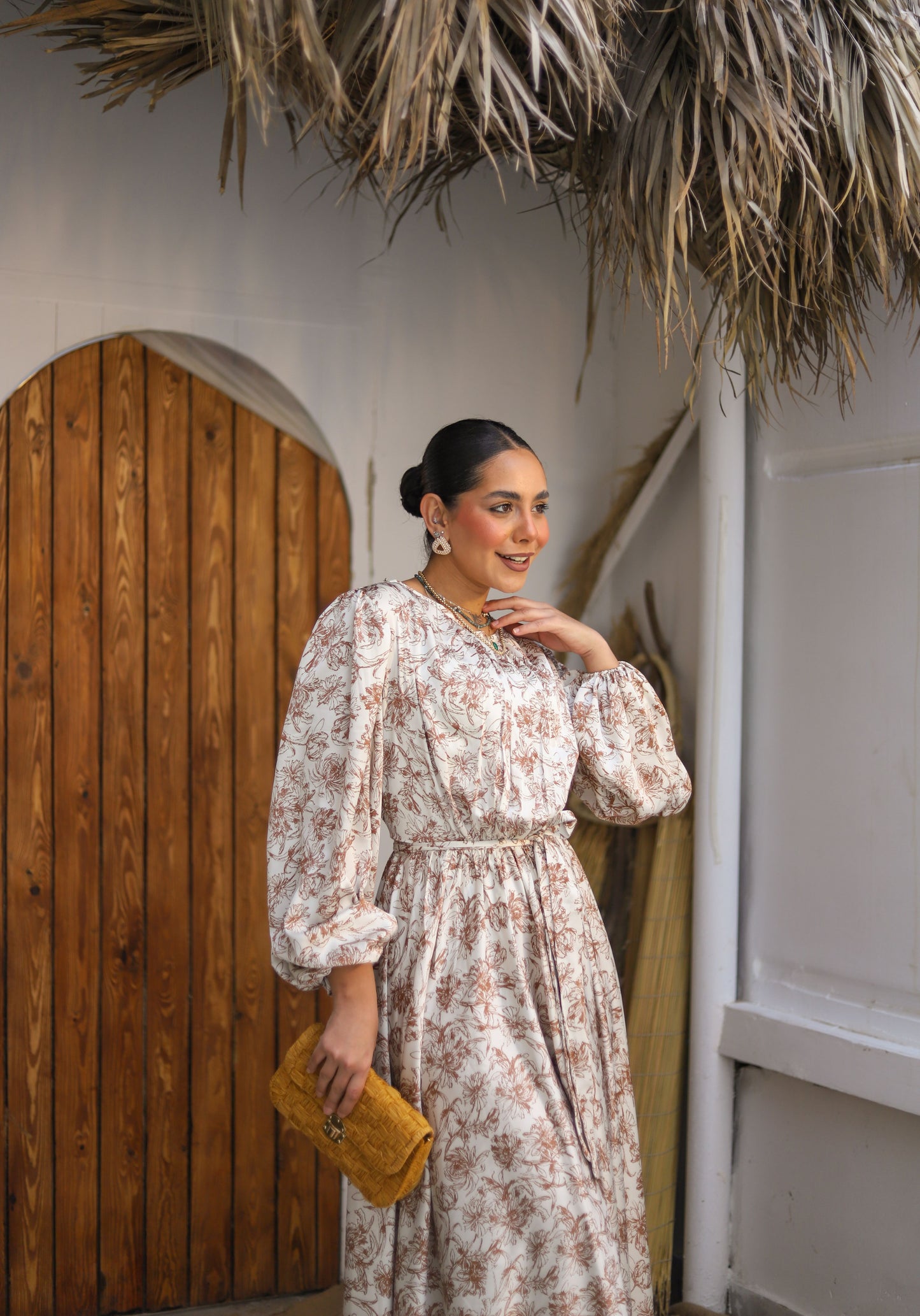 Brown Floral Satin Dress