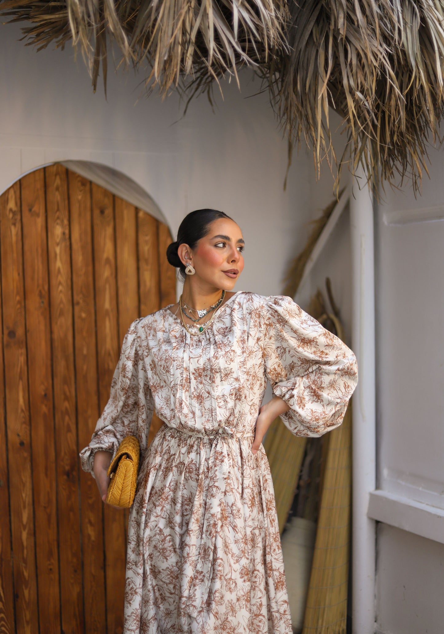 Brown Floral Satin Dress