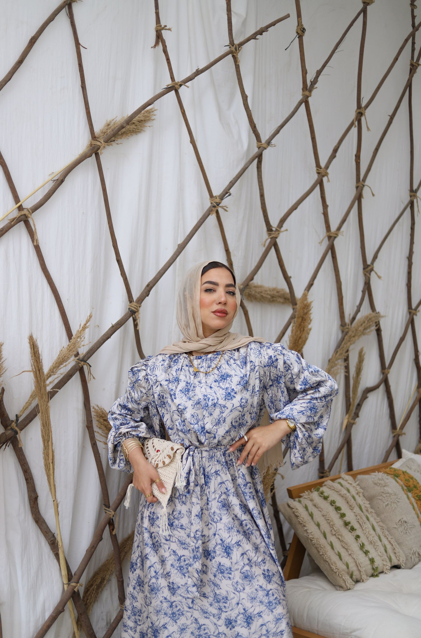 Blue Floral Satin Dress