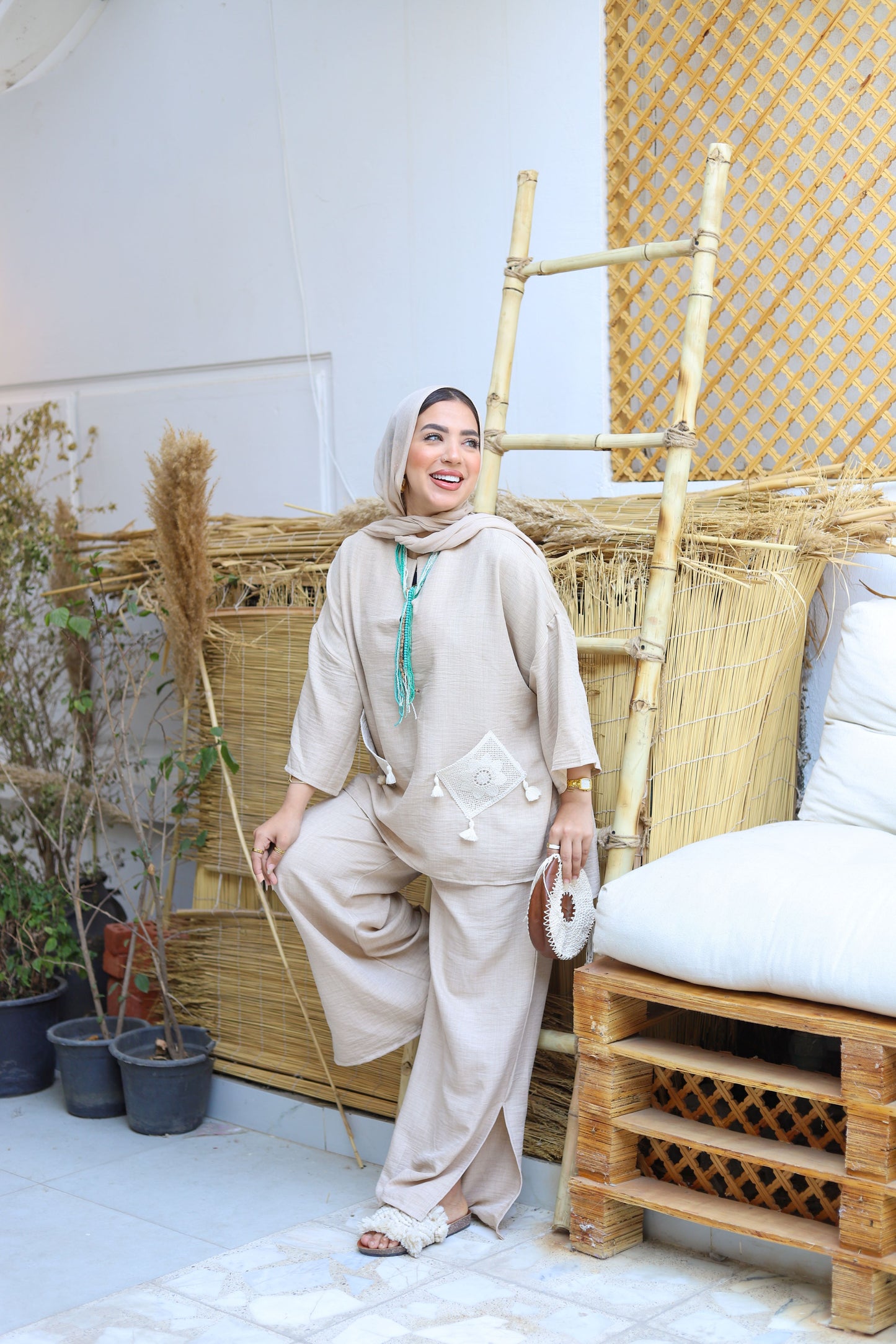 Linen Beige set with Handmade Pocket